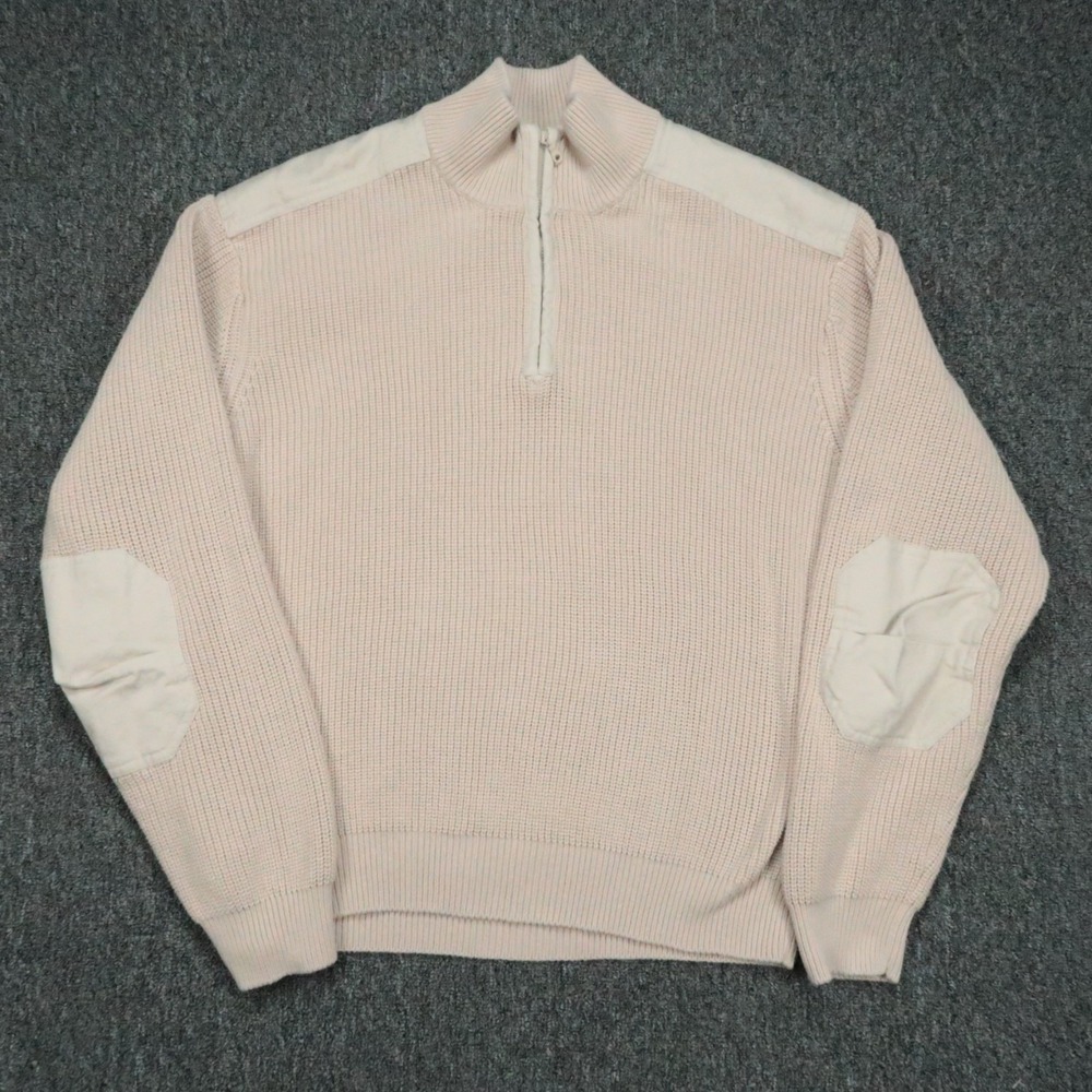 Orvis Sweater Mens XL Beige Tan Pullover Quarter Zip Knit Shoulder Elbow Patch